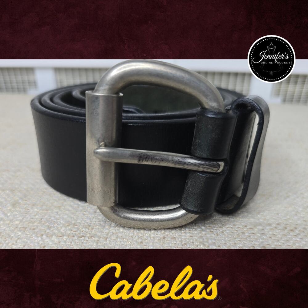 Cabela's Men's Black Genuine Leather Belt with Silver Buckle Size 42